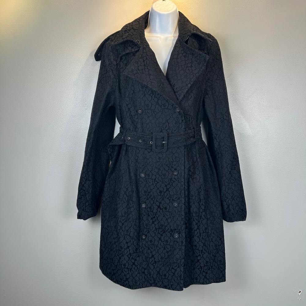 Le Lis Blanc Deux Black Lace Trench Coat Gothic Whimsigoth Belted Jacket 42